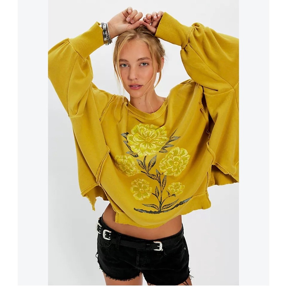 Free People Graphic Camden Pullover Sweatshirt XS lemon party combo NWT yellow